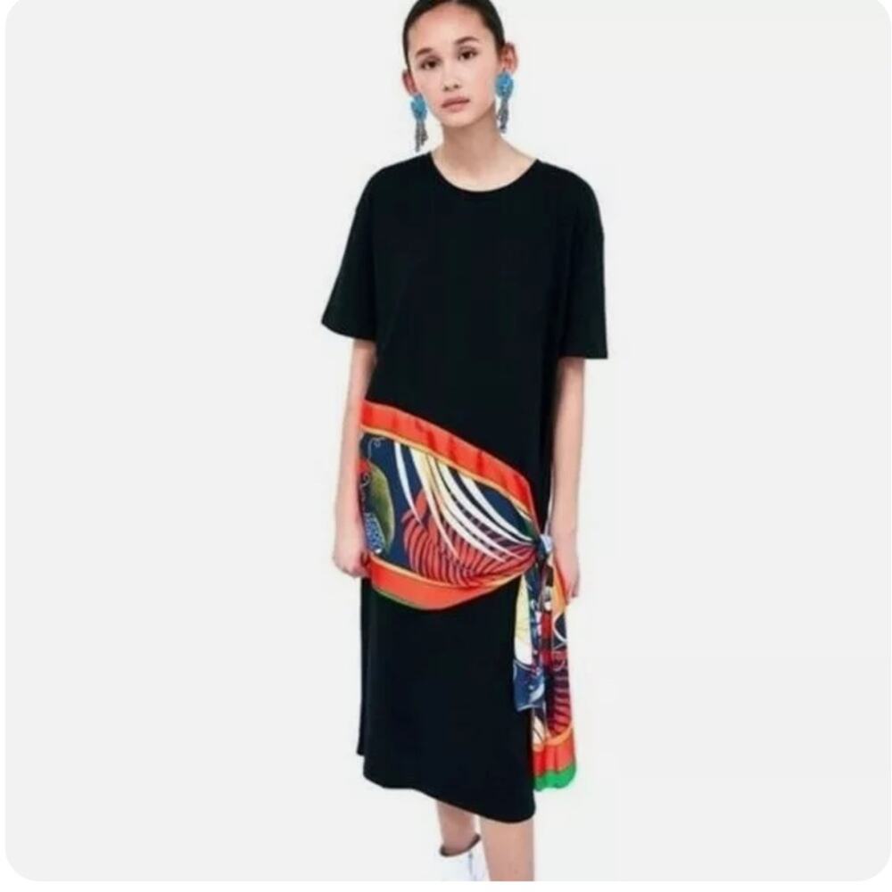 Zara Black Short Sleeve Abstract Scarf Tie Waist Dress SZ S